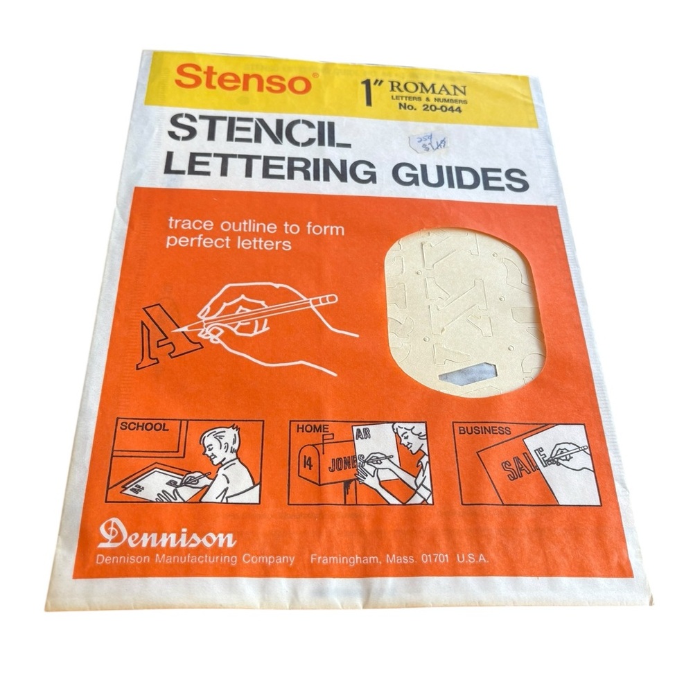 Vintage Stenso Stencil Lettering Guides 1” Roman Letters & Numbers Dennison